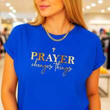 Women's Vintage Pure Cotton Graphic T-Shirt, "Prayer Changes Things" Letter Print, Short Sleeve, Round Neck, Casual Style, Plus Sizes Available, Religious Inspirational T-Shirt For Everyday Wear, Black/Gold. - 藍色 - 查看 1
