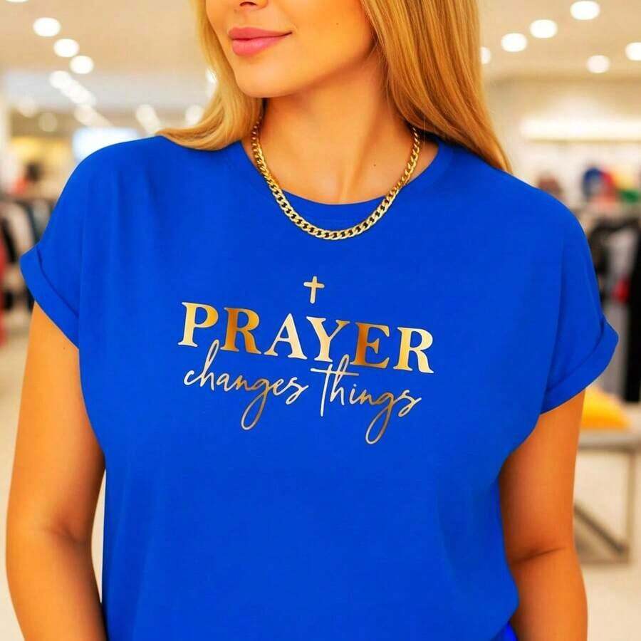 Women's Vintage Pure Cotton Graphic T-Shirt, "Prayer Changes Things" Letter Print, Short Sleeve, Round Neck, Casual Style, Plus Sizes Available, Religious Inspirational T-Shirt For Everyday Wear, Black/Gold. - 藍色 - 查看 1