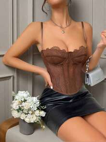 1 pieza Parte superior corta ajustada con adorno de encaje para mujer, top corset ajustado y sexy, adecuado para fiesta, viaje, reunión, Navidad, San Valentín, verano casual negro - Marrón - Ver 3