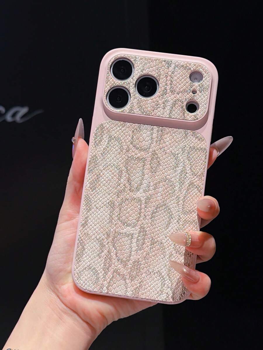 Snake 1pc Leopard Print & Golden Element PU Leather Protective Phone Case, Compatible With Apple 17Pro/17/Air/17Promax/11/12/13/14/12 Pro Max/16 Pro/15 Series With Lens Protection, Holiday Gift - Pink - View 1