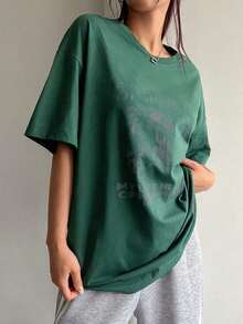 Oversized T-Shirt With Slogan Print: " The Future, Simplicity, Let Love Shine, Encourage My Life, It Is Full Of Happiness, Seize The Day" - 深綠色 - 查看 6