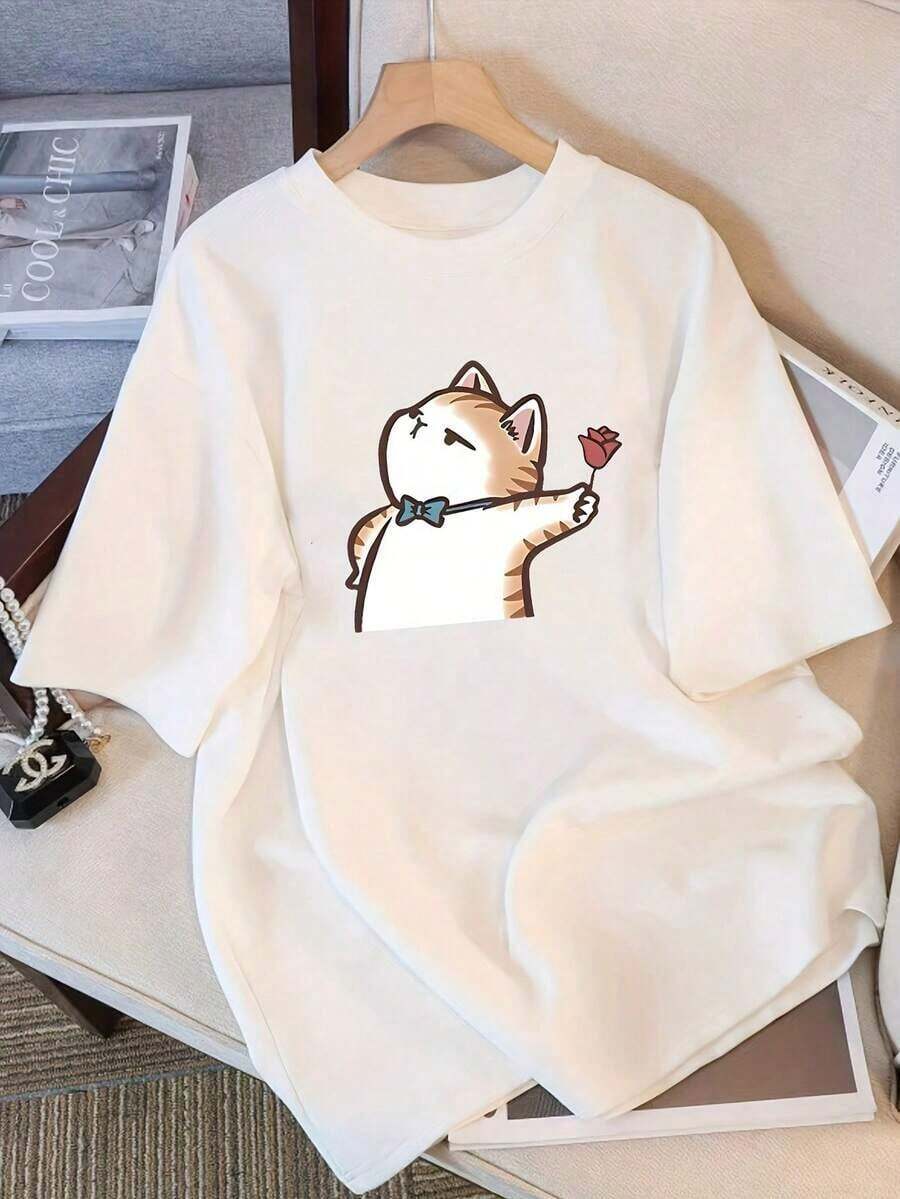 Camisetas de manga corta de talla grande para mujer, ideales para el verano, tops básicos para el día a día, camiseta de manga corta con diseño único para mujer, camiseta de manga corta con estampado de dibujos animados de moda para el verano, top ajustado, transpirable y cómodo. - Blanco - Ver 1