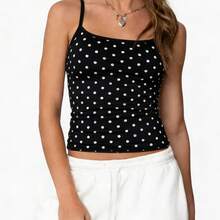 Top de tirantes con cuello cuadrado y estampado de lunares para mujer - Negro - Ver 4