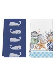 2pcs Whale & Shell Pattern Kitchen Towels, Watercolor Ocean Style Dish Cloths, Suitable For Farmhouse Kitchen & Home Decor - Blue - View 10