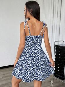 Vestido mini con tirantes de espagueti y estampado floral ditsy con lazo - Azul - Ver 2