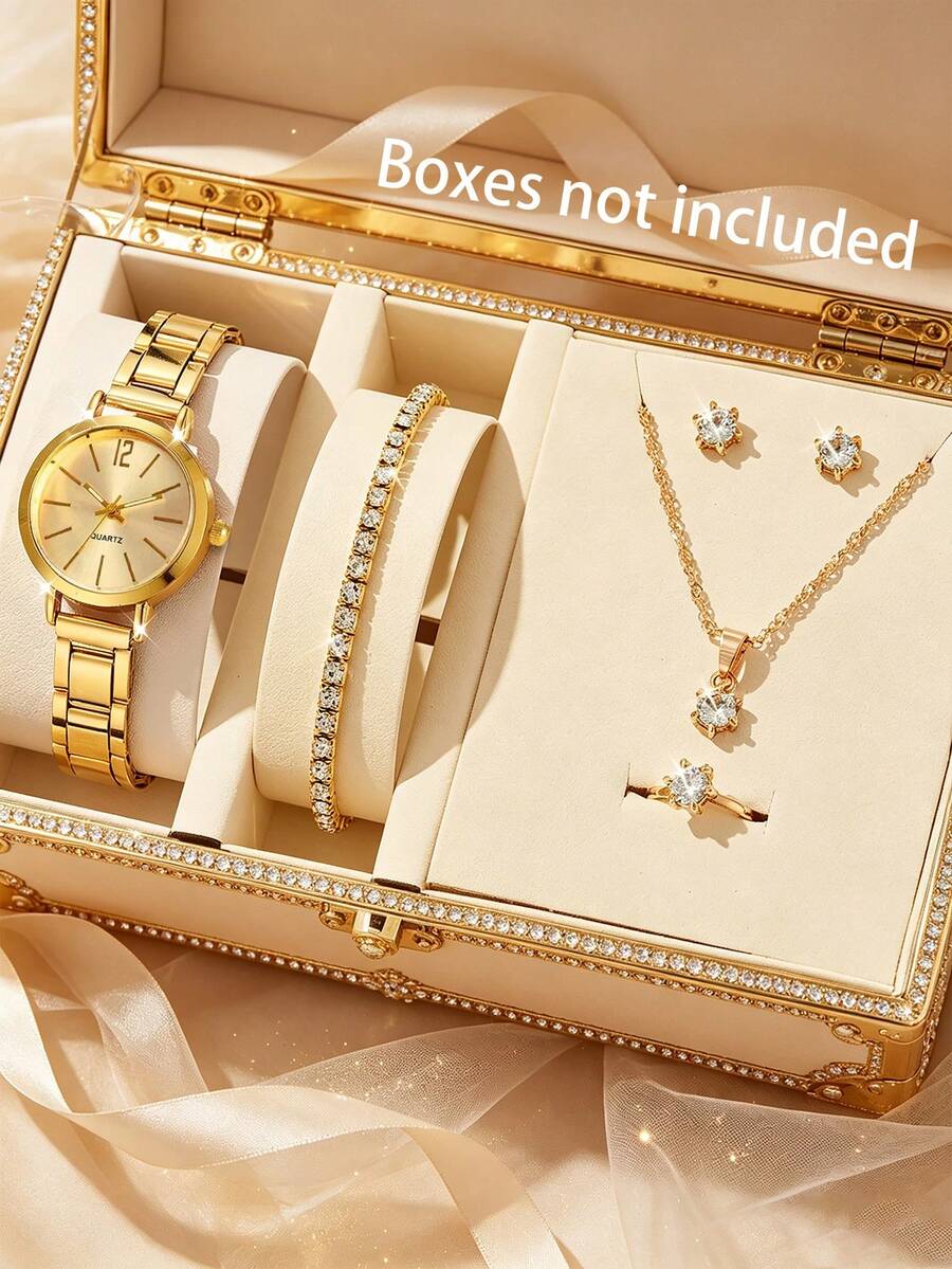 Reloj de acero inoxidable con correa de moda para niña con esfera sencilla + Set de joyería (6 piezas) - Dorado - Ver 1