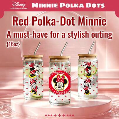  [Licencia oficial] Vaso de lata de vidrio de Minnie Mouse de Disney de 16 oz con tapa y pajita de bambú - Vaso con forma de lata de cerveza con lunares rojos clásicos, lindo vaso para beber café con hielo, diseño vintage del lazo de Minnie, regalo para mujeres y niñas