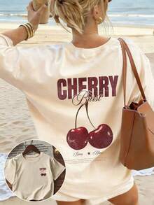 Women's T-shirt Vintage Camiseta de manga corta con cuello redondo, corte holgado y casual, en color beige, con estampado de explosión de cerezas, para vacaciones en la playa en veranoFashion  Gothic style - color - Ver 1