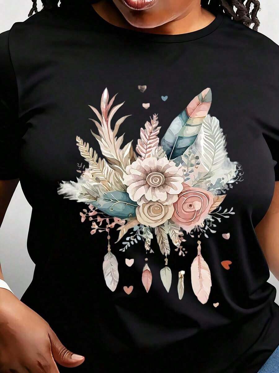 Camiseta de manga corta para mujer, ligera, con estampado floral, diseño de flores en rosa vibrante y azul, cuello redondo informal para conjuntos de primavera/verano, perfecta para el ocio, deportes y citas, camisetas para damas. Camiseta de manga corta de algodón puro, holgada, casual y ajustada para el verano. - Negro - Ver 1