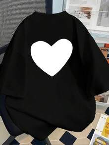 Camiseta vintage para mujer con estampados en la parte delantera y trasera, diseño en forma de corazón, cuello redondo, estilo casual y moderno, manga corta, adecuada para entrenamientos en todas las estaciones y uso diario, top con diseño divertido estampado. - Negro - Ver 2