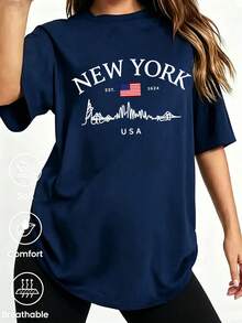180 g Hecho en México, Moda Primavera/Verano 2026 Camiseta de manga corta, Estampado de dibujos animados, Estilo para parejas, Ropa interior/exterior, Cuello redondo informal para la oficina, Top unisex de una pieza - Azul Marino - Ver 2
