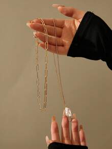 2pcs/Set Minimalist High-End Resin Baroque Faux Pearl Layered Necklace, Versatile For Daily, Work, Party Wear And Gift - Yellow Gold - View 2