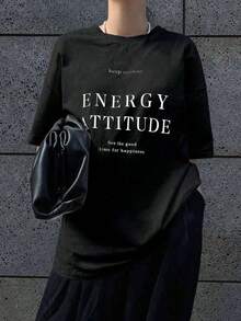 Camiseta suelta de cuello redondo con estampado de letras de manga corta para mujer "Keep Smiling ENERGY ATTITUDE See The Good Time For You", camiseta de verano oversize con gráficos,regalos para mamá, flash oferta,ofertas relámpago,Envío local,nacional envio Blusas Bonito 100% Cotton - Negro - Ver 7