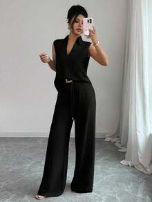 Set de 2 piezas de top sin mangas de cuello en V y pantalones rectos con decoración de cinturón holgado, de estilo casual y versátil para mujer, para primavera/verano - Negro - Ver 5