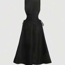MOD Plus Size Solid Color Round Neck Sleeveless Back Zipper Ruched Casual Dress,Graduation Dress,Birthday Dresses For Women - Verde militar - Ver 4