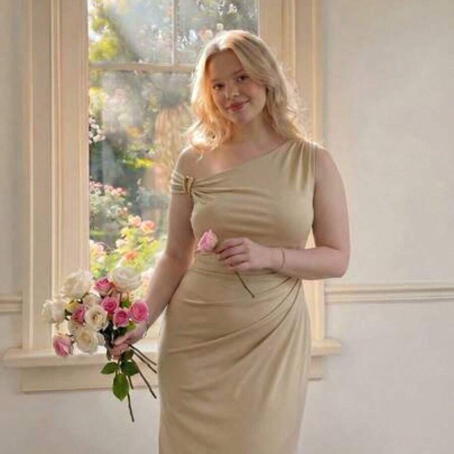 MOD Plus Size Women's Waist Ruched Oblique Shoulder Long Dress, Metal Buckle Decor, Apricot Color, Wedding Guest Dress For Women,Graduation Dress ,Coords For Women Casual Classy,Festival Dresses, Glamarae Elegant Luxurious Dress, Elegant Sophisticated Dress, Bodycon Long Dress, Women's Formal One-Shoulder Dress, Occasion Dresses For Ladies,Elegant Long Party Dress,Wedding Guest Dress,Work Outfits For Women - Albaricoque - Ver 1
