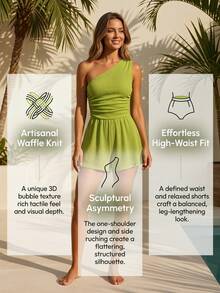 Romper liso para mujer, de un solo hombro y hombro descubierto, con detalles de frunces y drapeado en la cintura; perfecto para el día a día, ir de compras o vacaciones en la playa. - Verde - Ver 4