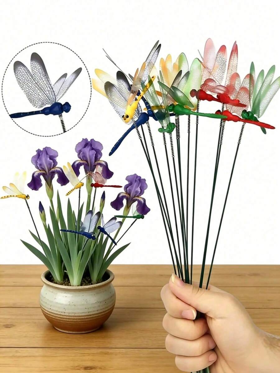 3D Lifelike Dragonfly Clips - Multi-Color Plastic Garden Stakes And Hat Decor, Easy Clipping Design Suitable For Outdoor Yard Fence Potted Plants, Interesting Artificial Insect Decorations