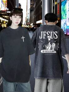 Camiseta Unisex Vintage Lavada Oversize Negra Manga Corta Gráfica Hombres Mujeres Ropa Jesús En Tu Corazón Cruz Serie Religiosa Cristiana Camiseta Vintage Lavada Hombres Mujeres Gótica Rock Oversize Manga Corta Hip Hop Streetwear-Vintage Street Style Unisex Loose Cotton Short Sleeve Crew Neck T-Shirt - Negro - Ver 4