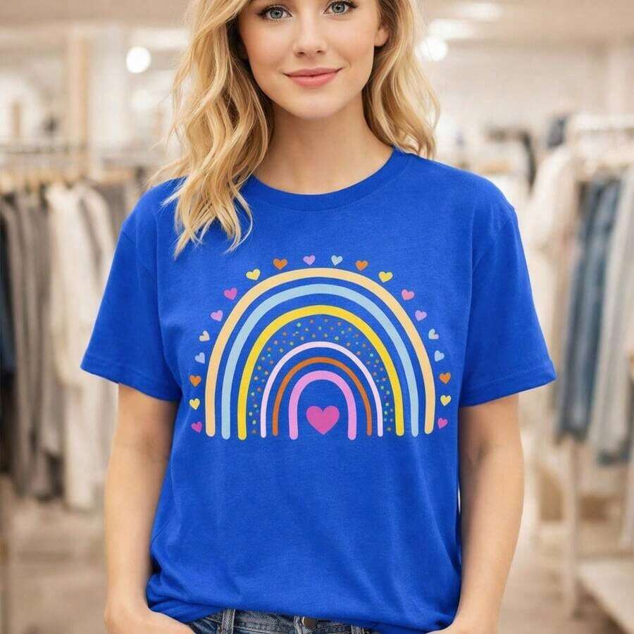 Camiseta de Algodón con Estampado de Corazón Arcoíris para Mujer, Camiseta Casual de Manga Corta, Corte Holgado, Tela Suave y Cómoda, Tallas M-5XL, Camiseta con Diseño Gráfico para Uso Diario, Negra - Azul - Ver 1