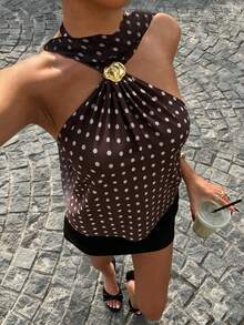 1 pieza Parte superior de halter con lunares ajustable, adecuada para la playa, viajes, ir al trabajo, oficina, primavera/verano - Marrón Mocha - Ver 1