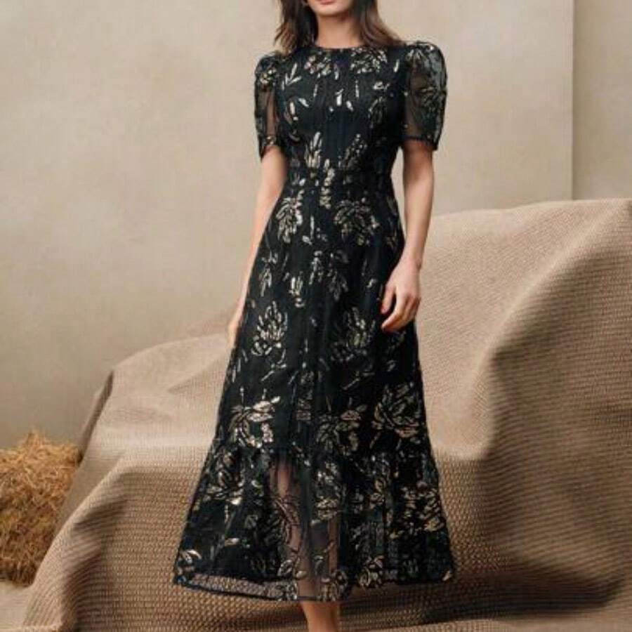 Women Elegant Floral Lace Patchwork Sequins Rope Embroidered Round Neck Short Sleeve Dress - Negro - Ver 1