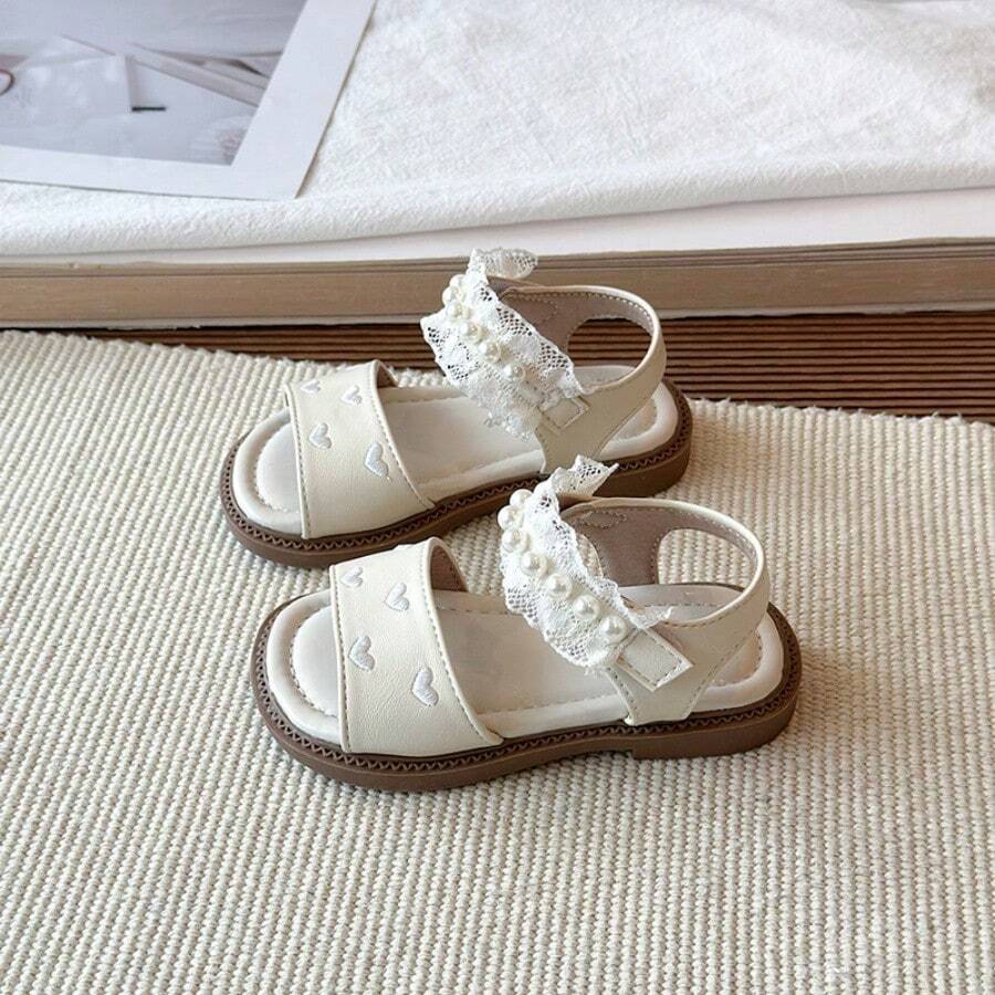 1双女童心形刺绣蕾丝珍珠带凉鞋,儿童魔术贴甜美公主鞋,幼儿软底防滑凉鞋,夏季 - 米色 - 查看 1