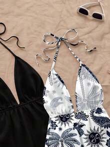 2 piezas Conjunto de top sin espalda con cuello halter y estampado floral de contraste de color, adecuado para verano, salidas, fiestas, bodas, cumpleaños, elegante - Multicolor 10 - Ver 4