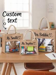 Personalized Tote Bag With Name, Custom Text Canvas Tote Bag, Teacher Gift Bag, Custom Work Tote, Large Capacity Shopping Bag, Transparent Pocket Organizer Tote, Reusable Shoulder Bag, Personalized Gift For Teachers, Office Daily Carry Bag - Multicolor - View 4