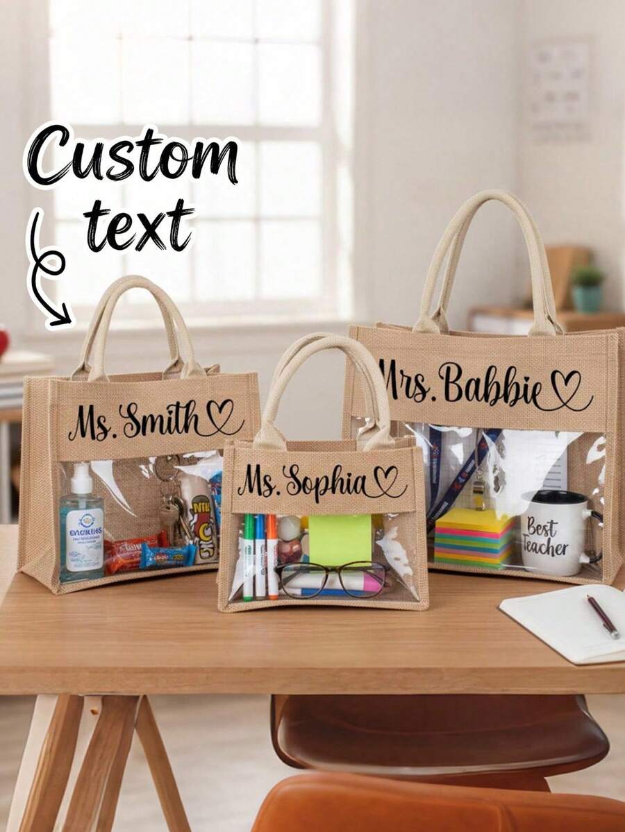 Personalized Tote Bag With Name, Custom Text Canvas Tote Bag, Teacher Gift Bag, Custom Work Tote, Large Capacity Shopping Bag, Transparent Pocket Organizer Tote, Reusable Shoulder Bag, Personalized Gift For Teachers, Office Daily Carry Bag - Multicolor - View 1