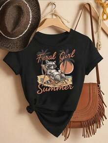 Camiseta Casual de Mujer con Estampado de Silla de Playa de Mapache - Verano Salvaje, Manga Corta Negra con Detalle de Flecos Marrones, Ideal para Conjuntos de Primavera y Verano, Estampado Divertido  Ajuste Cómodo - Negro - Ver 5