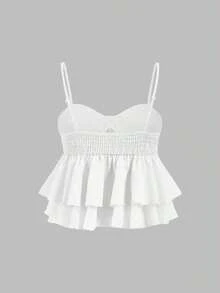 Top de tirantes con volantes y pliegues de color rosa dulce para mujer, top corto de verano - Blanco - Ver 2