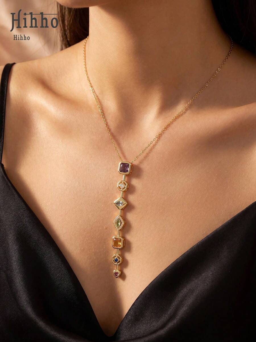 Hihho 1 chiếc vòng cổ mặt dây chuyền đá quý nhiều màu sắc phong cách Bohemian cổ điển, thiết kế độc đáo, mạ vàng, hình chữ Y đa năng, phù hợp cho công sở, quà tặng sinh nhật cho bạn gái. - Vàng - Xem 1