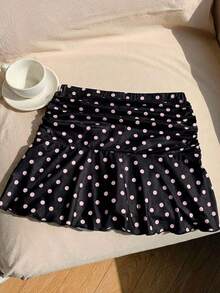 Minifalda acampanada fruncida con estampado de lunares para el verano - Multicolor - Ver 4