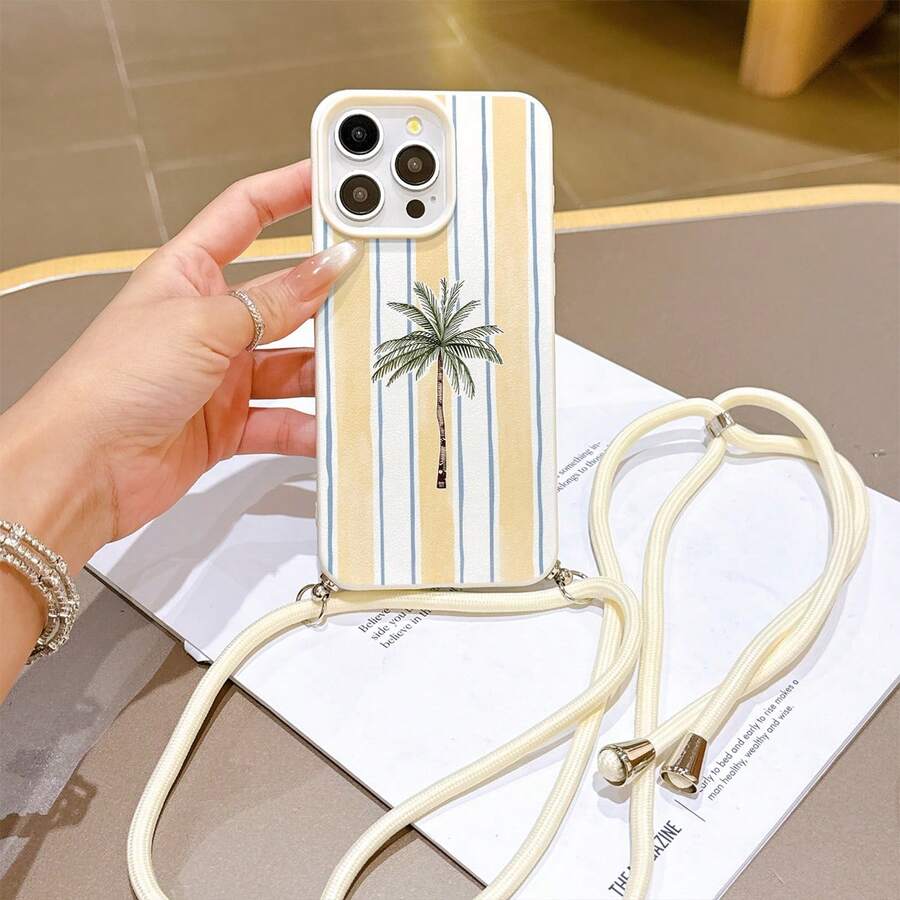 Convenient Lanyard Phone Case With Adjustable Lanyard And Shoulder Strap, Vibrant Pink Vertical Striped, Lightweight Shockproof TPU Protective Case For Apple Phones - Multicolor - View 1