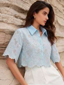 Aveloria Zanirela Blusa elegante con bordado de margaritas al azar y calado - Celeste - Ver 1