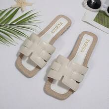 1 Pair Vacation Style Color Block Slip-On Sandals, Women's Flat Square Toe Beach Slippers, Linen Pattern Flip Flops, Versatile Summer Outdoor Wear - White - View 7
