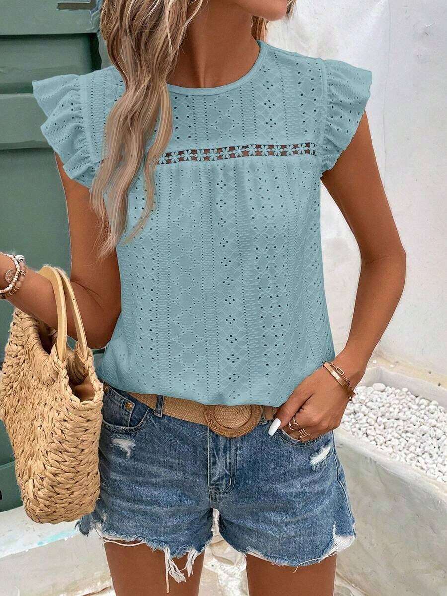 Frenchy Camiseta con cuello redondo y adorno de encaje con volantes y bordado de ojal - Azul - Ver 1