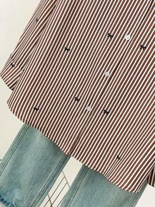 Camisa de manga larga con estampado a rayas y lazo, con botones delanteros, cuello de camisa, top casual, adecuado para primavera, otoño e invierno en color rosa - Café integral - Ver 7