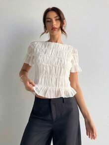 Blusa de mujer elegante de chifón y encaje con parches en color albaricoque - Albaricoque - Ver 1