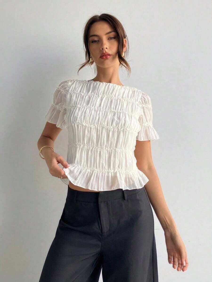 Blusa de mujer elegante de chifón y encaje con parches en color albaricoque - Albaricoque - Ver 1