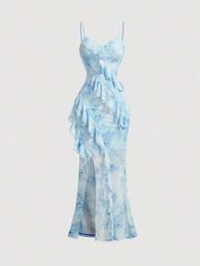 Vestido largo con abertura alta, cuello en V y volantes, con estampado de teñido anudado, vestidos de verano para mujer, vestidos en tonos pastel, vestido de fiesta, atuendo de fiesta, vestido de playa, atuendos de playa para mujer, vestidos ele - Azul 3 - Ver 5