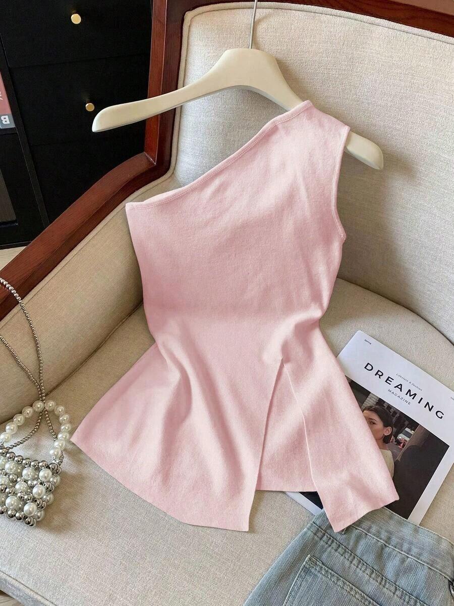 Top de tirantes con abertura en el hombro de unicolor casual, verano - Rosa - Ver 1