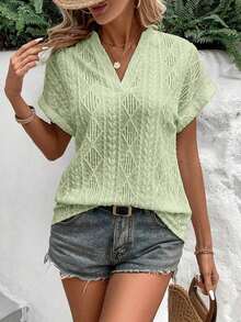 Camiseta suelta de mujer de manga de murciélago con escote en pico, de tela texturizada de unicolor, para verano y vacaciones - Verde 2 - Ver 3