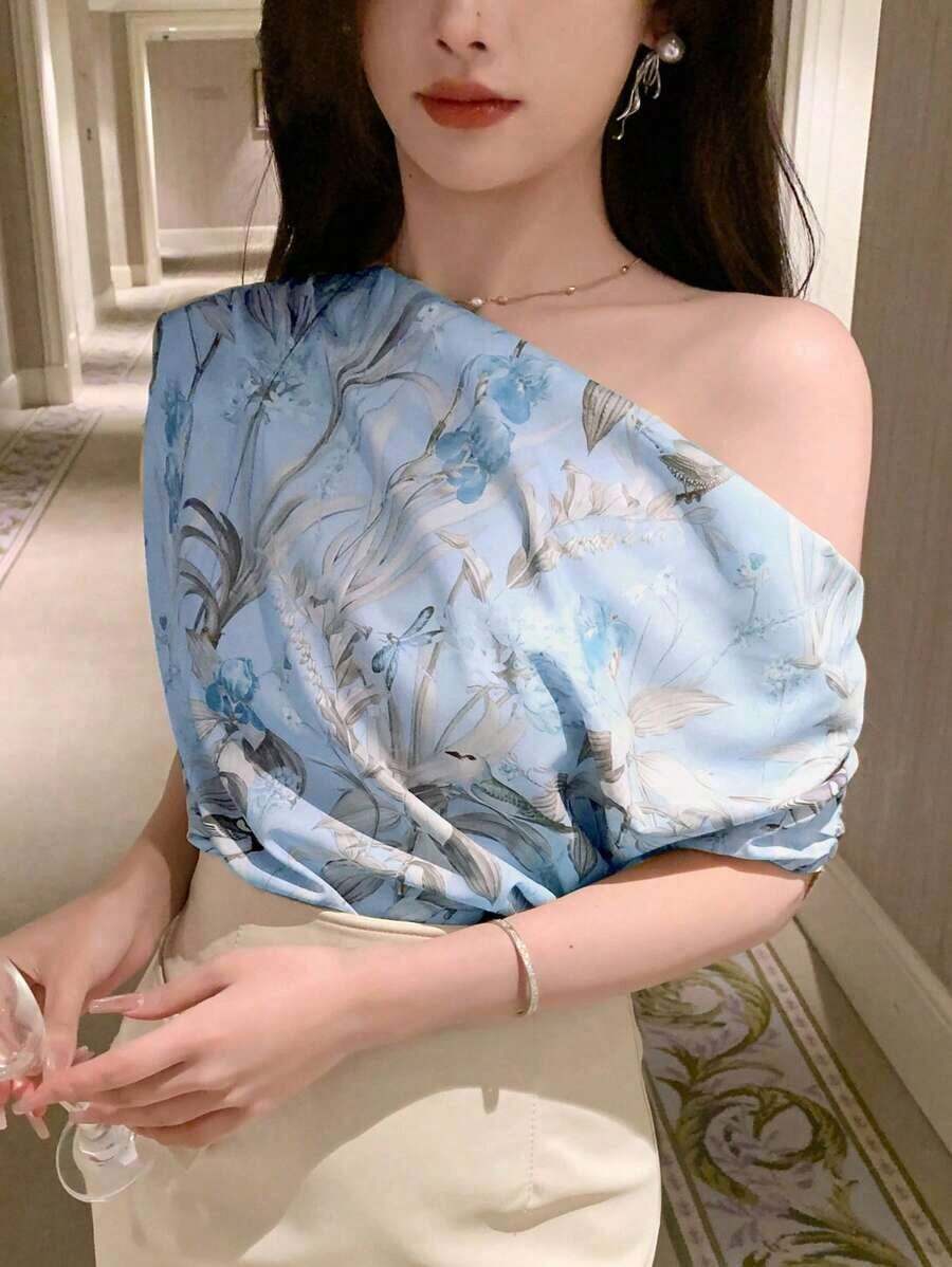Blusa holgada con estampado floral en toda la prenda, para Año Nuevo, Vacaciones de verano, Salidas de mujeres, Pascua, Estilo bohemio - Azul 2 - Ver 1