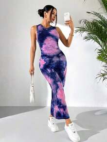 Vestido largo ajustado de mujer de verano con estampado de teñido anudado - Multicolor - Ver 5