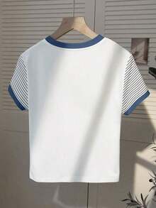 Nuevo estilo de gran , camiseta de mujer de manga corta con rayas decoradas con strass de estilo retro americano, adecuada para ir a la escuela, de compras y salir con amigas por la calle, y versátil en primavera y verano - Multicolor 5 - Ver 2