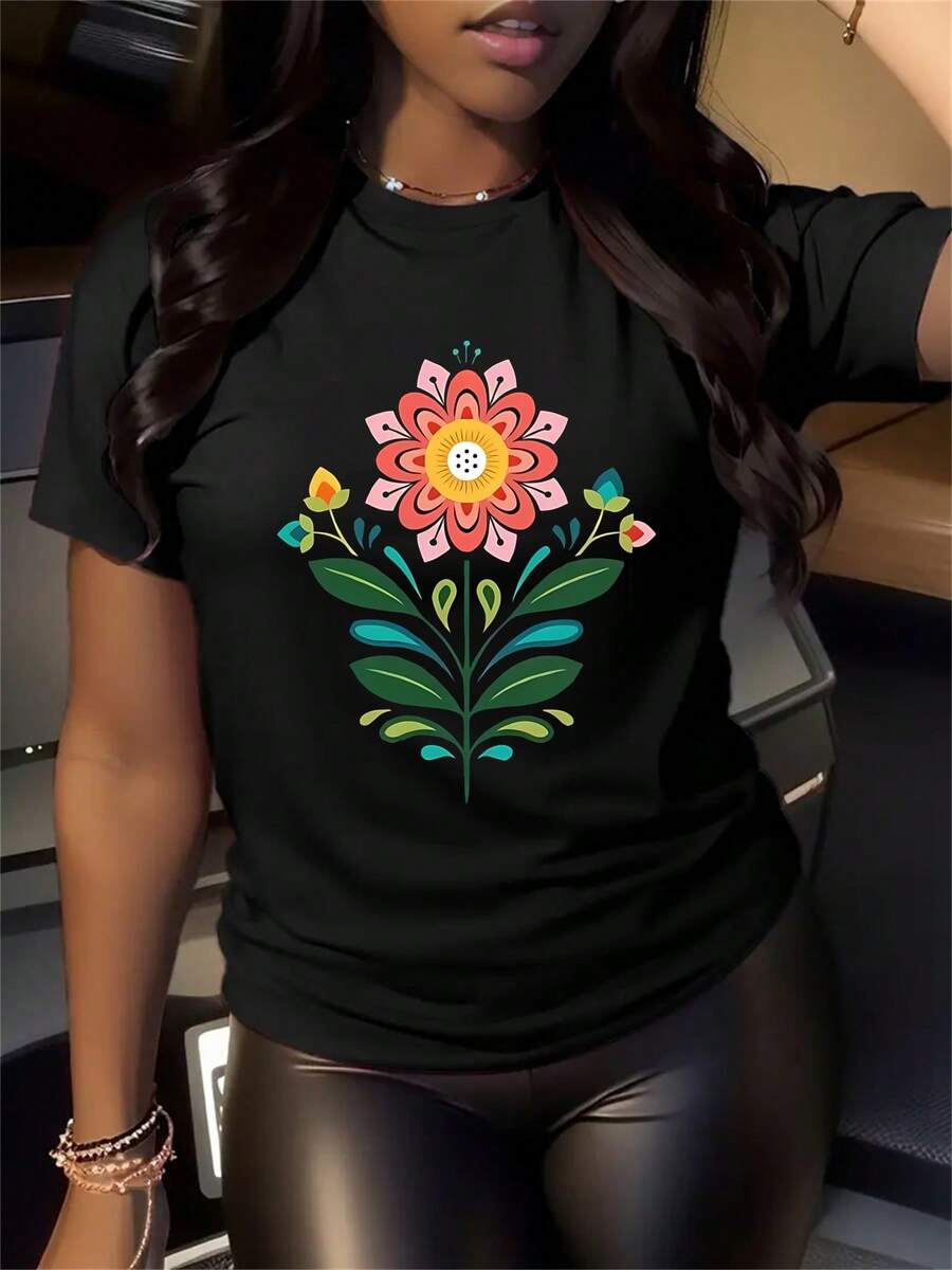 Camiseta de Estampado Floral Vibrante para Mujer - Cuello Redondo y Manga Corta Deportiva Casual, Tejido Elástico Cómodo para Todas las Estaciones, Lavable en Máquina para Atuendo Diario y Ejercicio Ligero, Camisetas para Damas