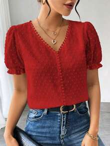 Blusa de gasa con estampado de lunares francés de moda para mujer, diseño elegante y elegante de manga corta con volantes para el verano - Rojo - Ver 9