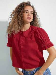 Camisa casual con cuello de volantes, mangas cortas abultadas y abotonadura, top lindo de otoño, ropa bohemia, atuendo de regreso a la escuela, para otoño, invierno, vestimenta occidental para mujer - Rojo - Ver 6